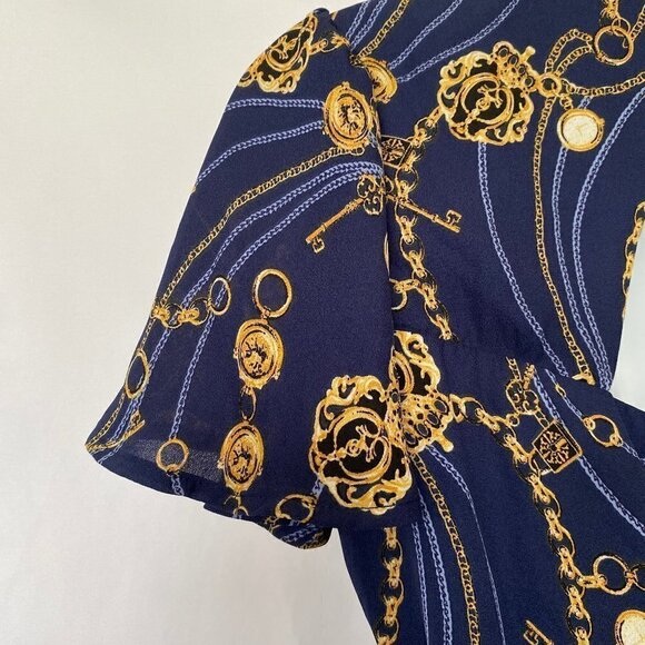 Navy Blue and Gold Chain Print Dress - Picture 8 of 12